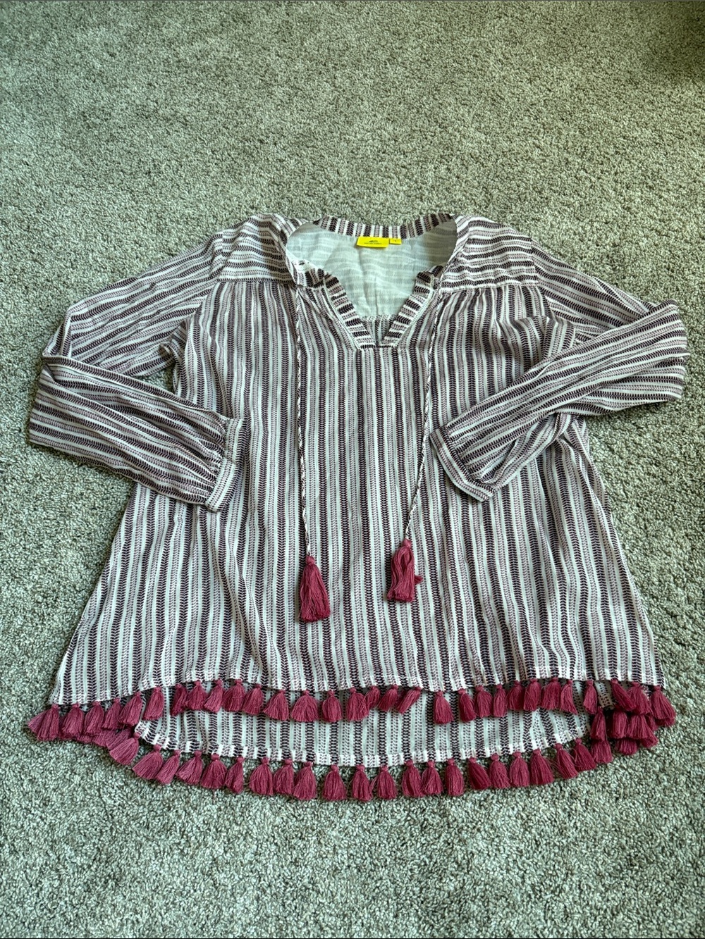 Roller Rabbit Burgundy & White Striped Tassel Peasant Blouse